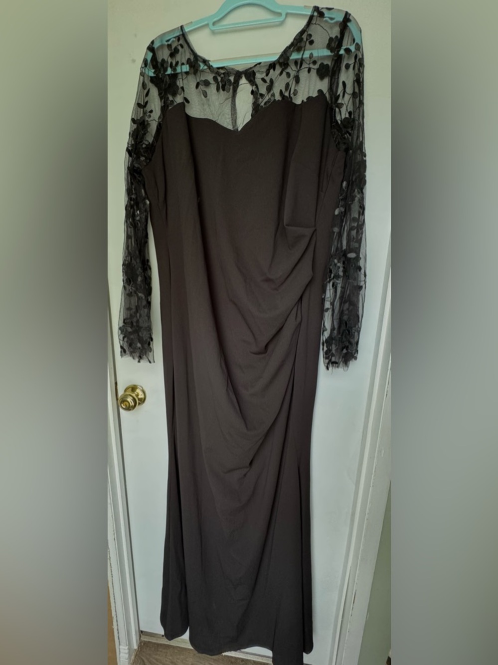 Goddess Black Long Sleeve Sheer Floral Evening Gown